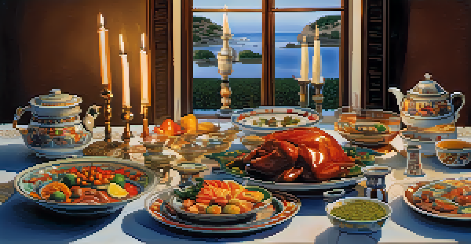 A beautifully arranged dining table with traditional dishes and colorful textiles, illuminated by soft candlelight.