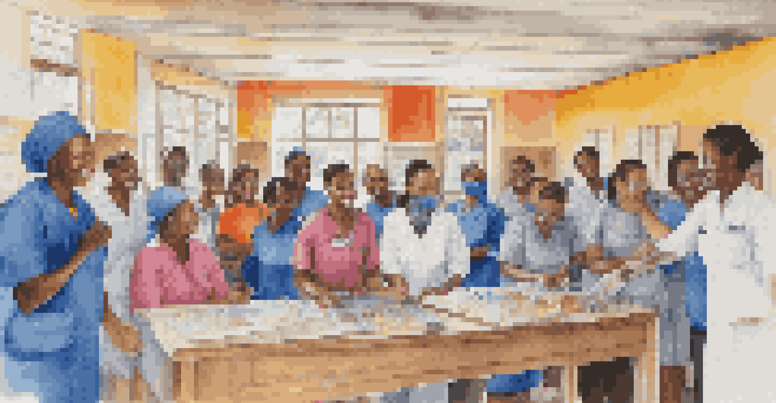 A local healthcare worker engages in training with international volunteers in a vibrant community center, emphasizing collaboration and learning.