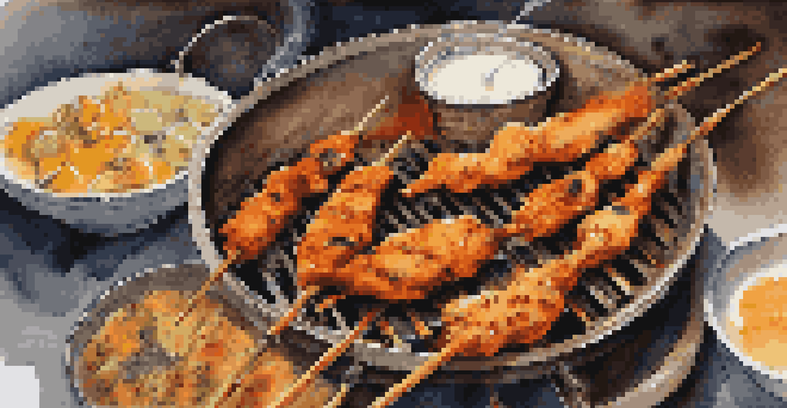 Close-up of tandoori chicken skewers grilling in a clay oven, with naan and yogurt sauce in the foreground.