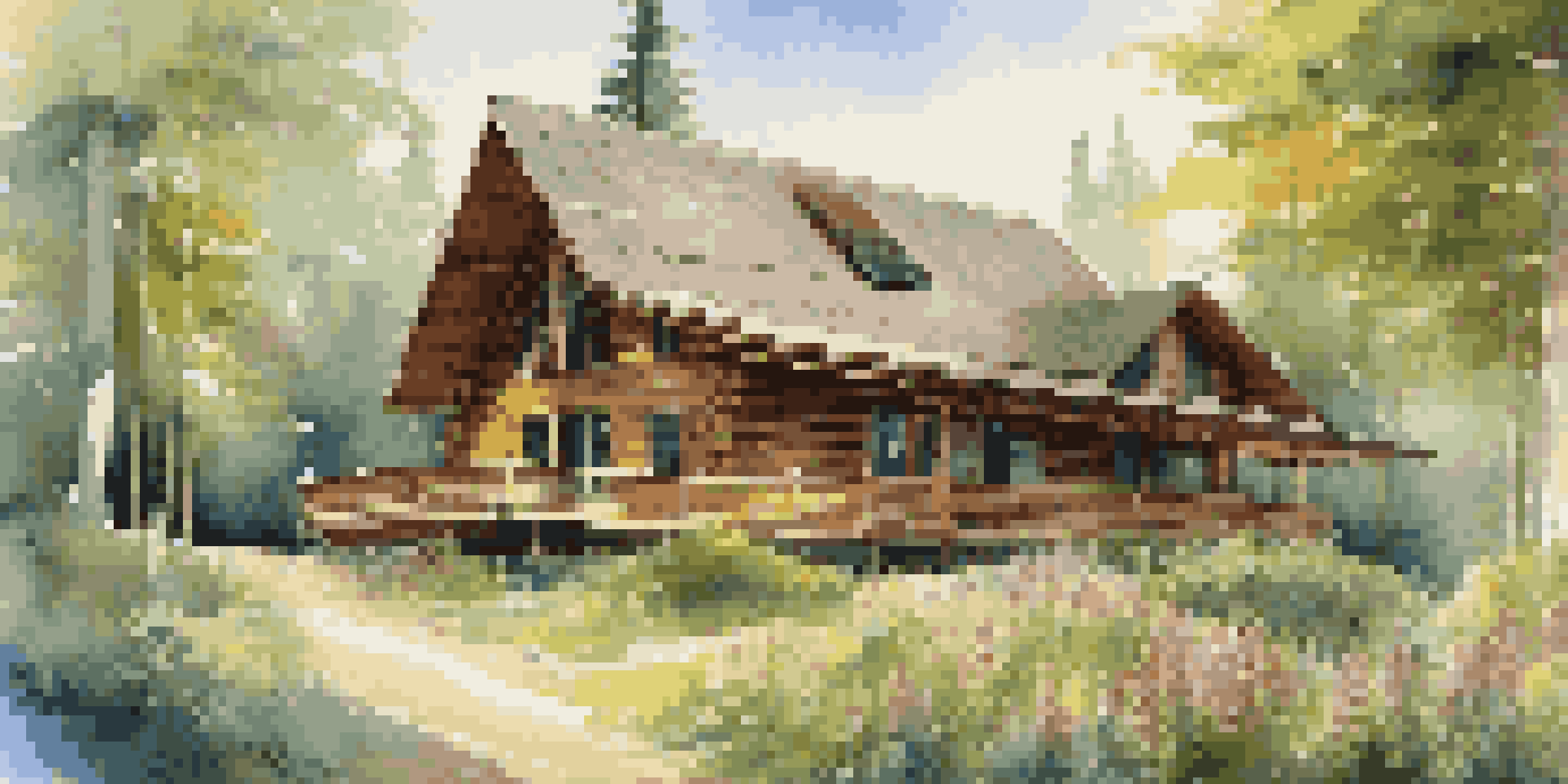 A picturesque eco-friendly lodge surrounded by a vibrant forest, with solar panels and colorful wildflowers, illuminated by sunlight.