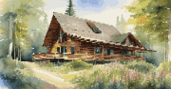 A picturesque eco-friendly lodge surrounded by a vibrant forest, with solar panels and colorful wildflowers, illuminated by sunlight.