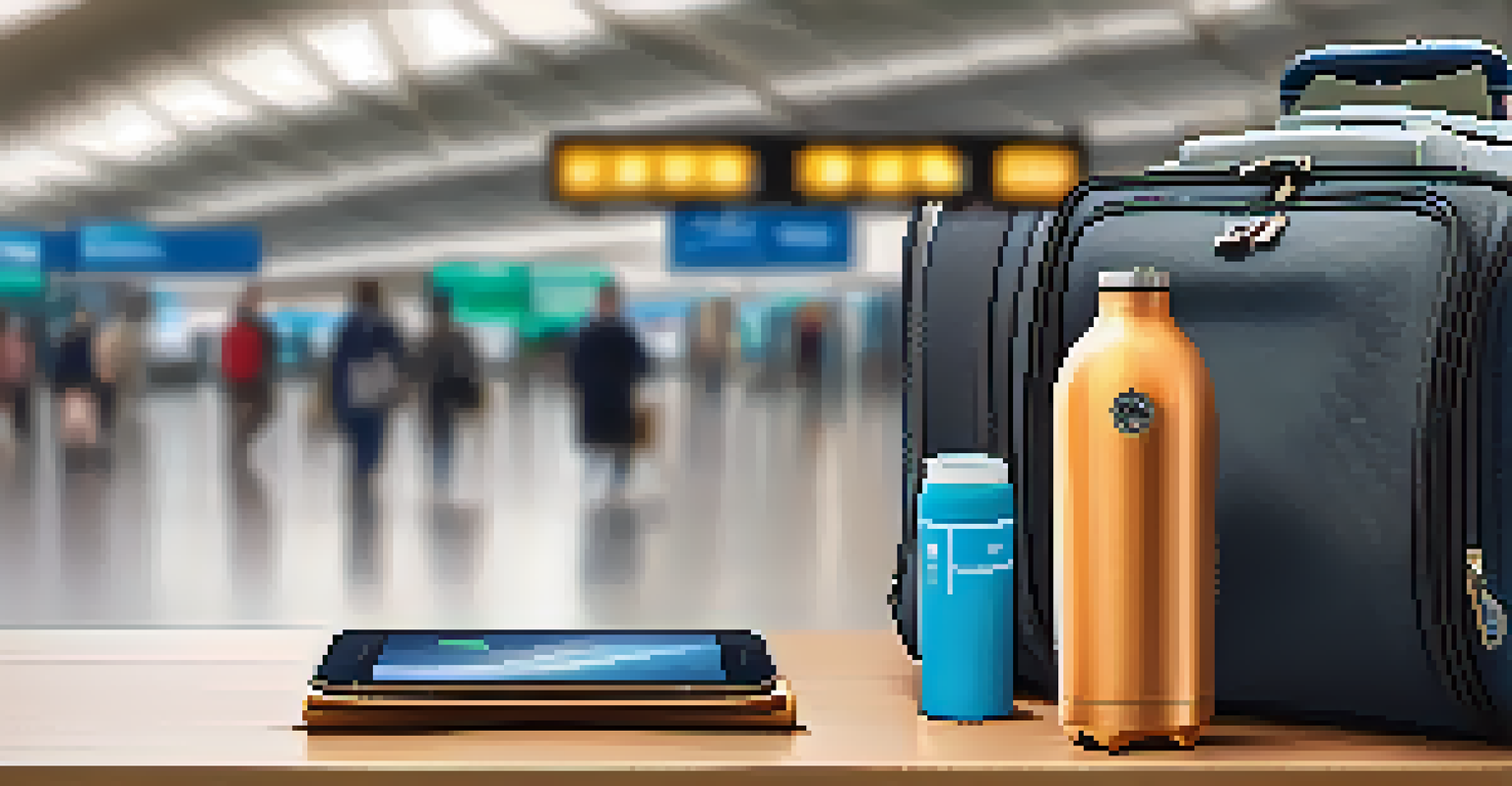 A travel-friendly water bottle among travel essentials like a suitcase, charger, and headphones in an airport setting.