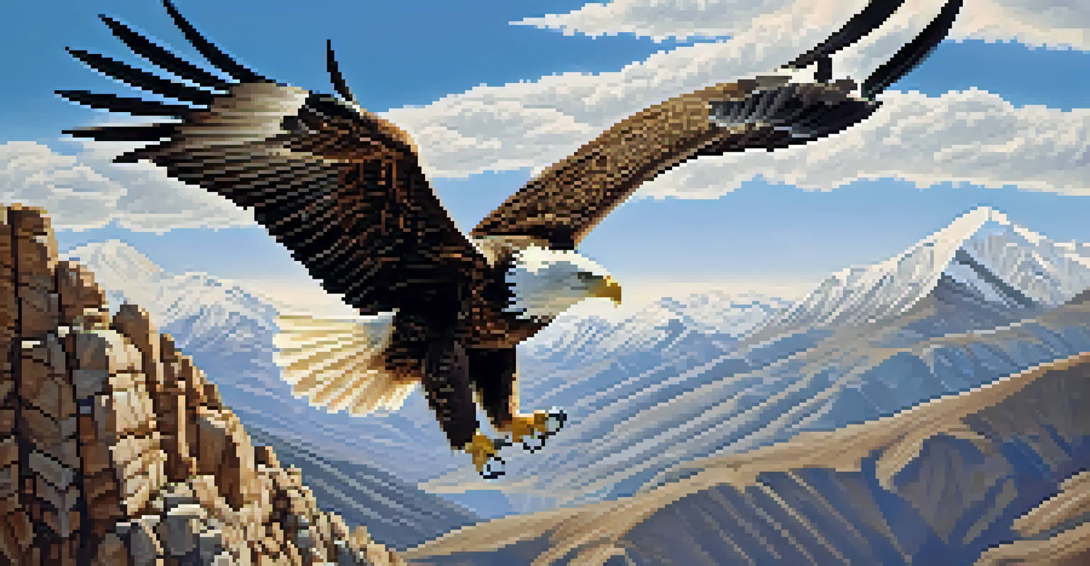 A majestic eagle soaring above mountains with a clear blue sky and clouds, highlighting the eagle's wings and feathers in detail.
