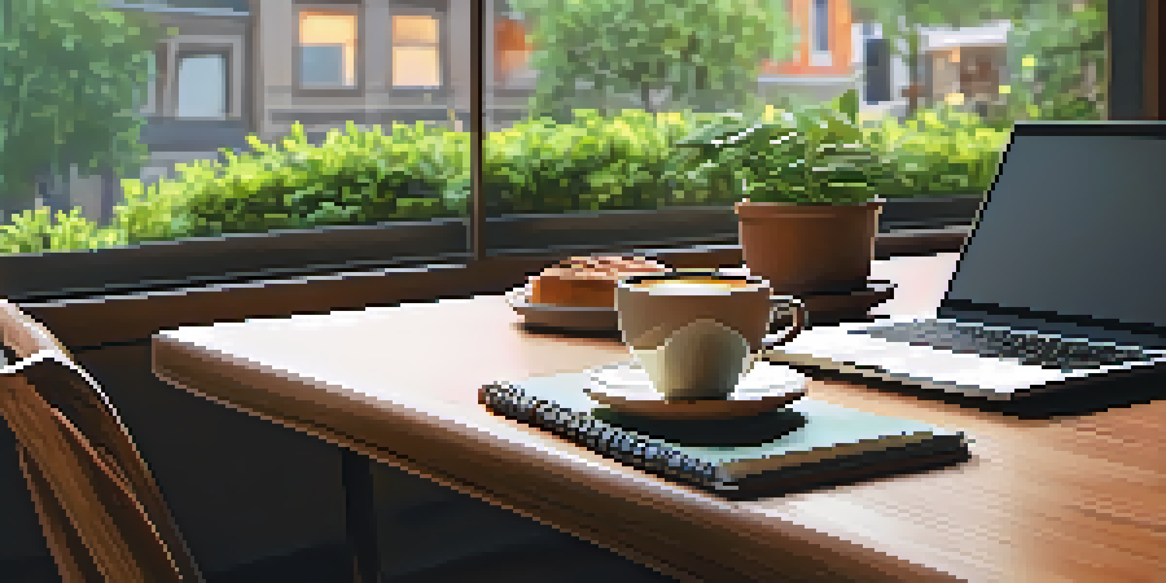 A workspace in a café featuring a laptop, coffee cup, and notebook, with natural light streaming in through large windows.