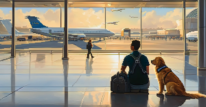 A person sits in an airport terminal with a golden retriever service dog at their feet, surrounded by other travelers and an airplane visible through a large window.
