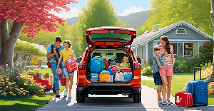 A family happily packing their car with luggage and safety gear for a road trip on a sunny day.