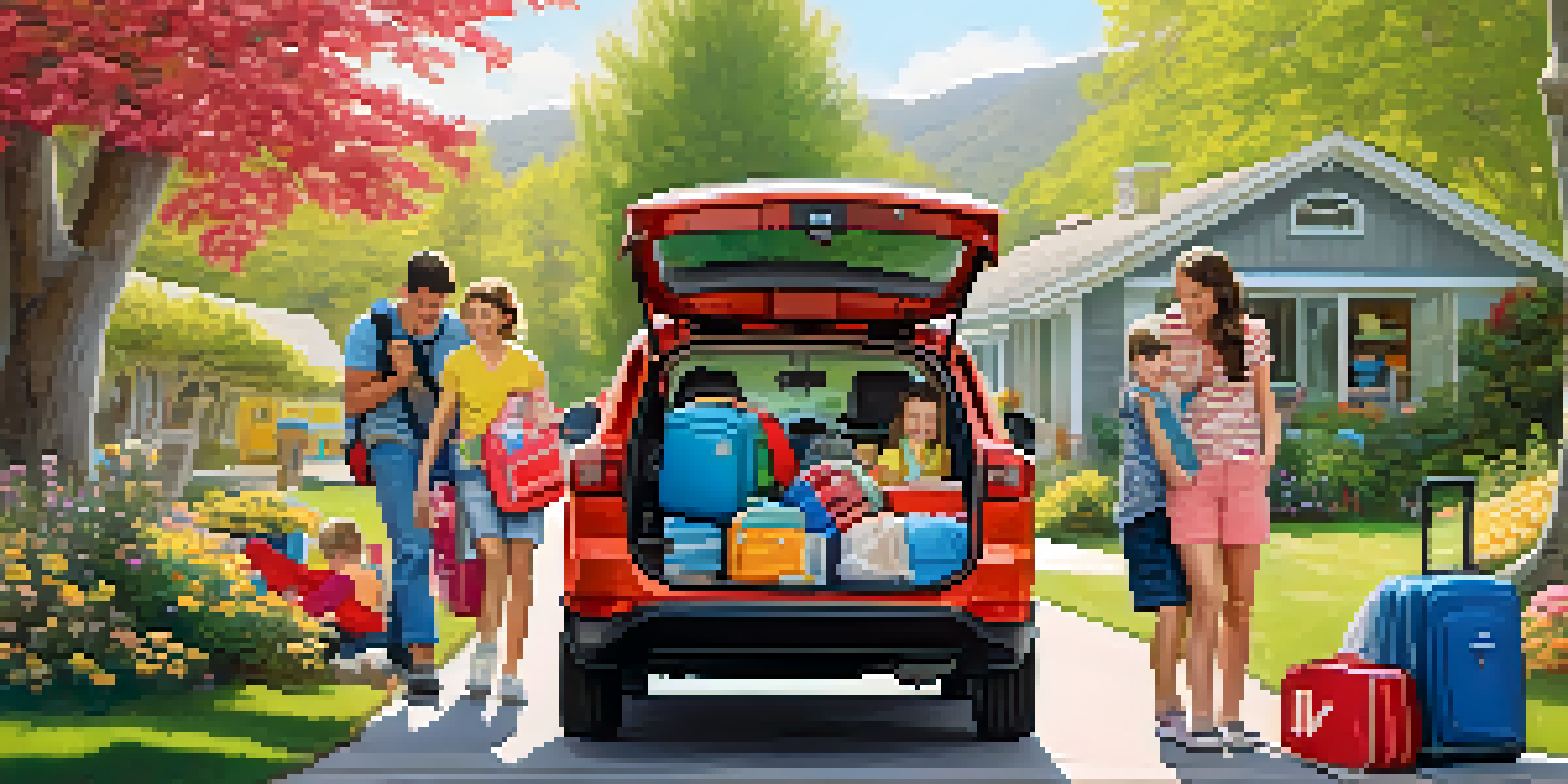 A family happily packing their car with luggage and safety gear for a road trip on a sunny day.