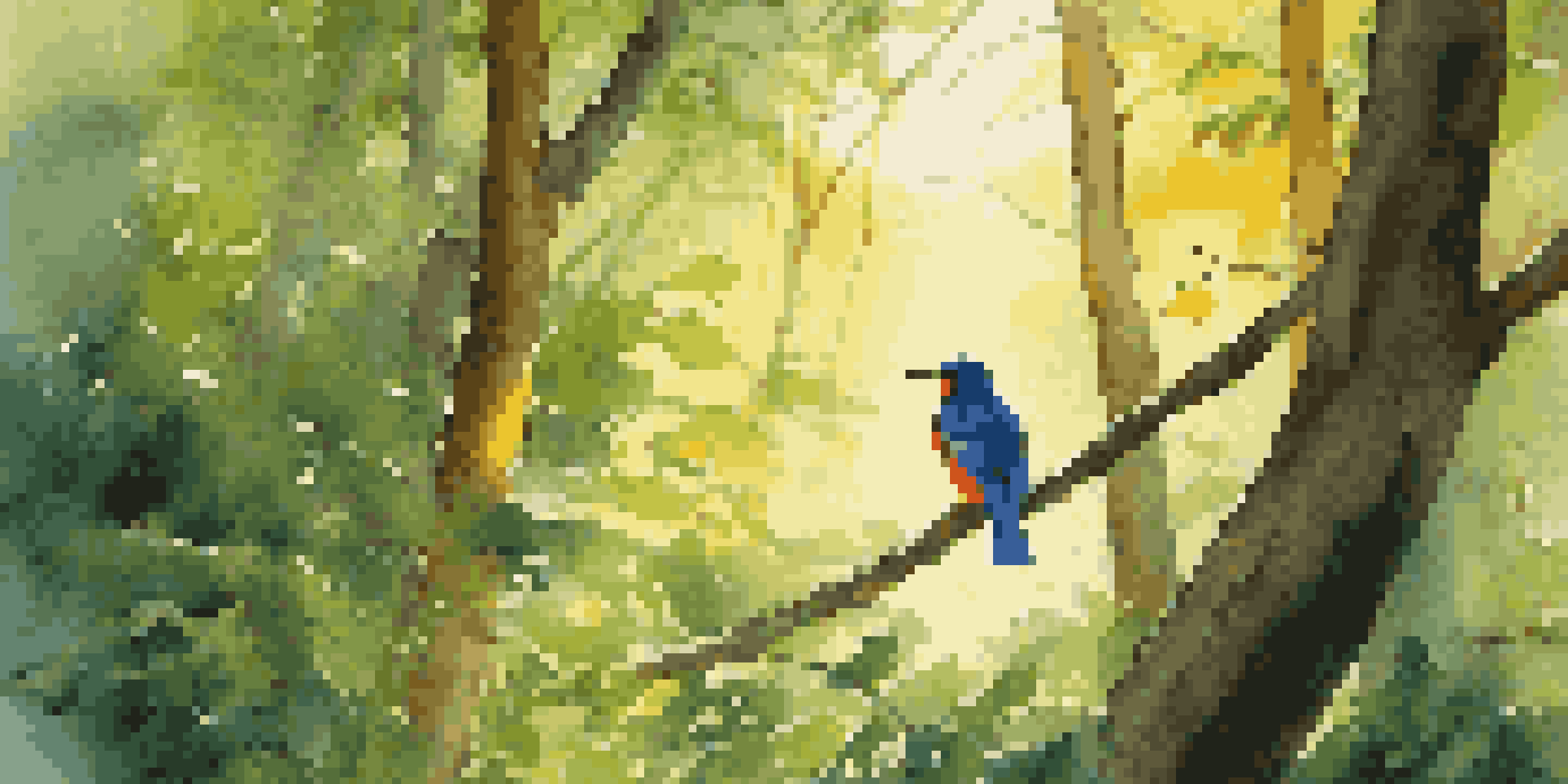 A birdwatcher in a forest observing a colorful bird in the morning light.