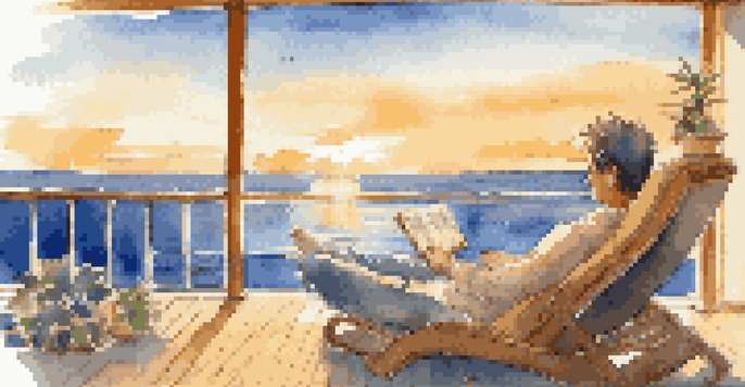 A solo traveler relaxing on a cruise ship deck with a book, overlooking the ocean at sunset.