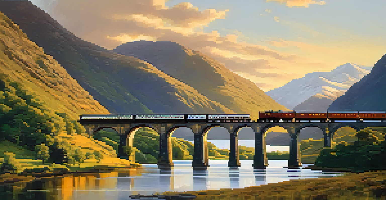 The iconic Glenfinnan Viaduct in the Scottish Highlands with a steam train crossing, surrounded by mountains and a loch.