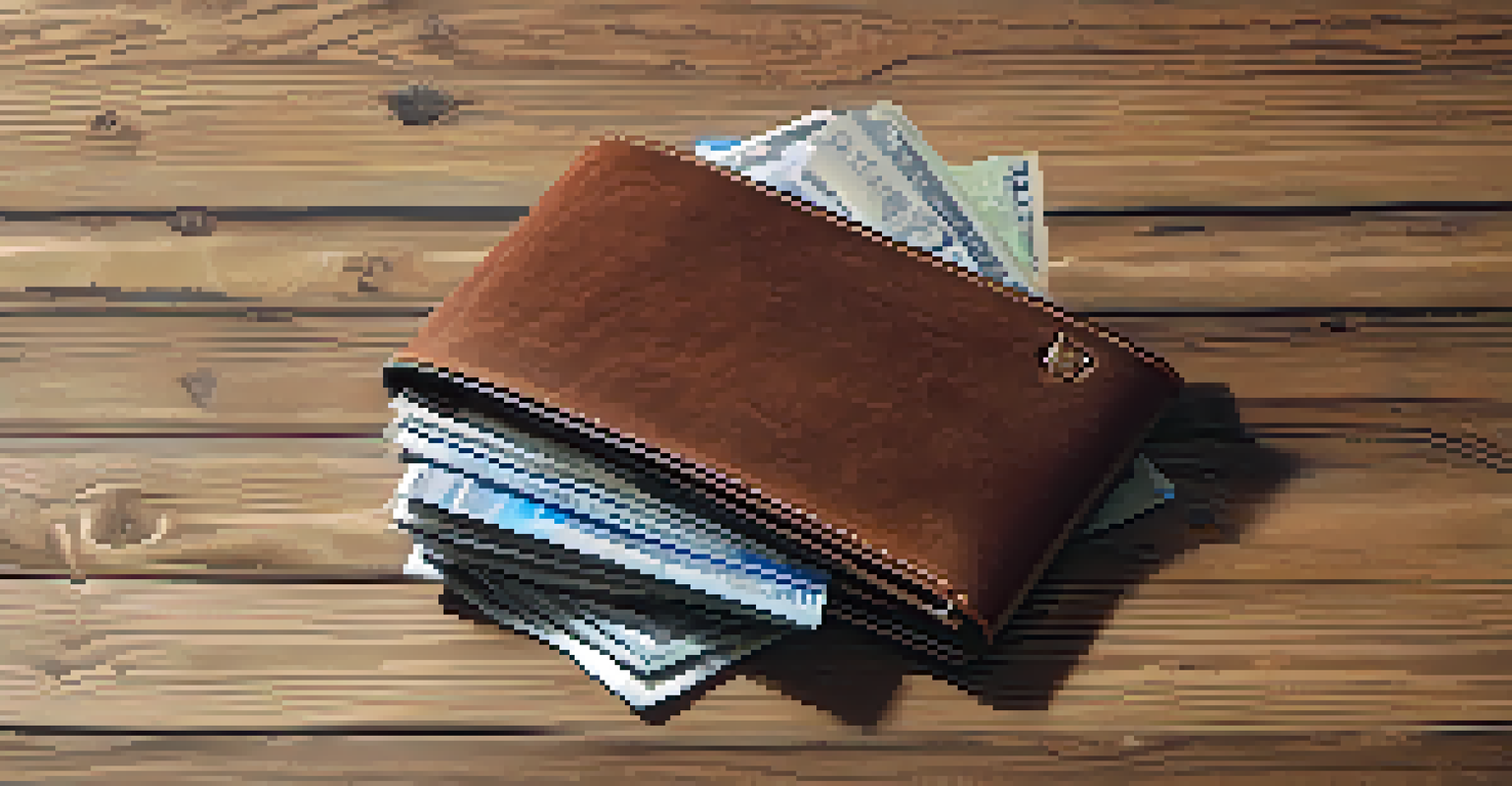 A travel wallet containing a passport, boarding pass, and currency, displayed on a wooden surface.