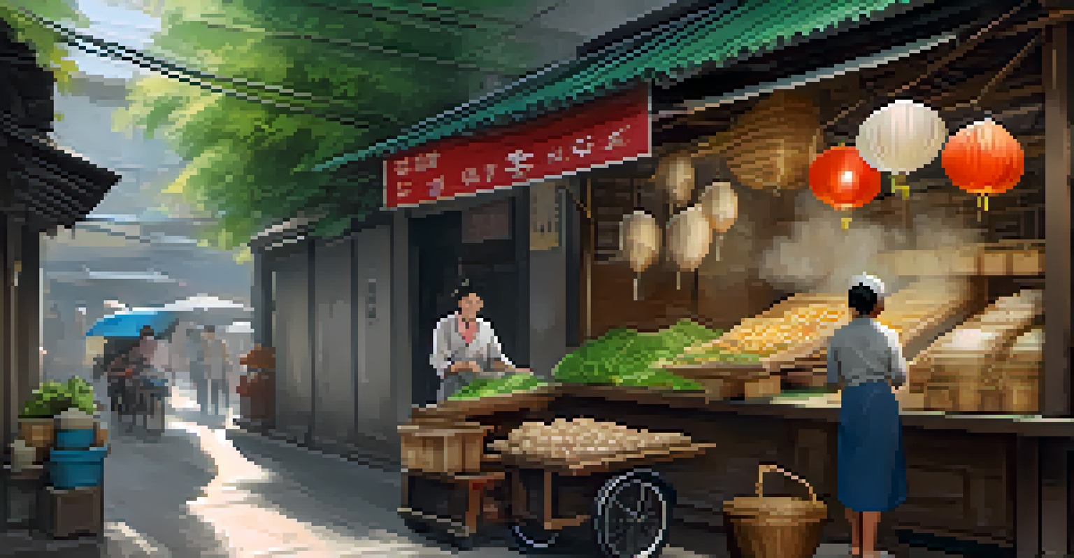 A local vendor in a quiet alleyway serving steaming dumplings to a customer at a charming street food stall.