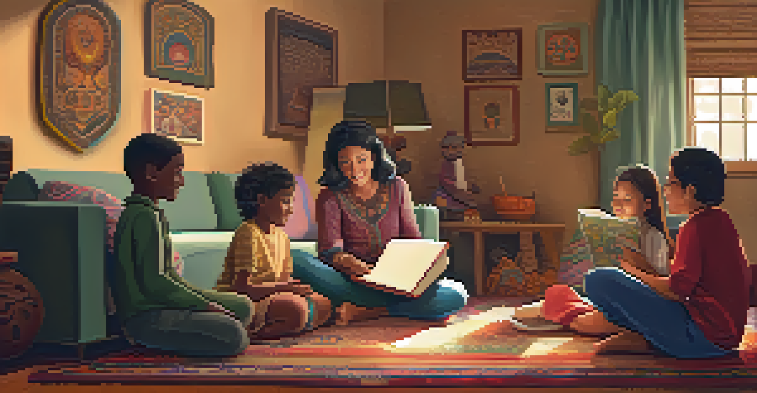 A cozy living room with a parent reading a folktale to captivated children surrounded by cultural decorations.