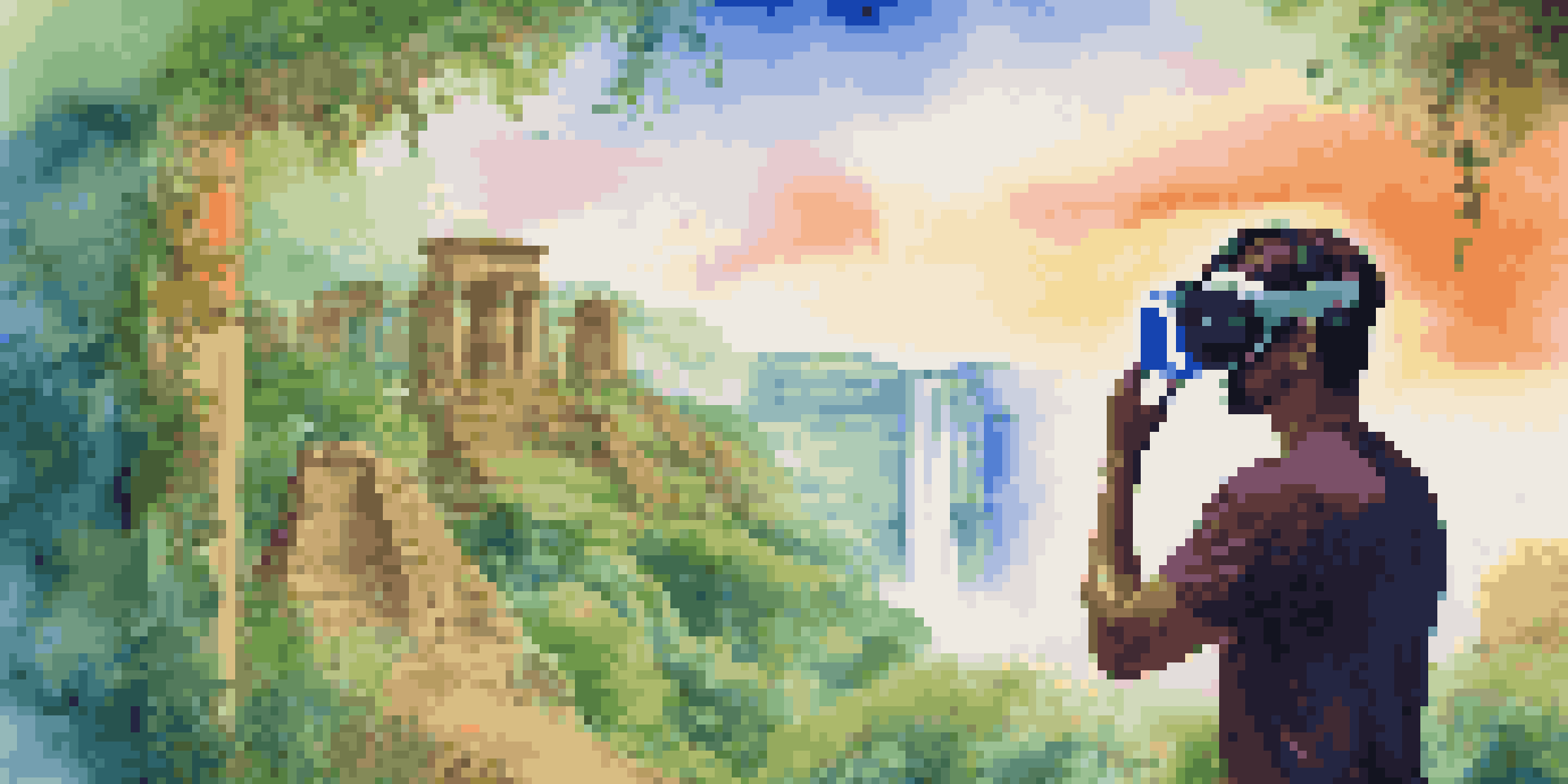 A traveler wearing a virtual reality headset, exploring a digital version of a famous landmark in a lush green setting.