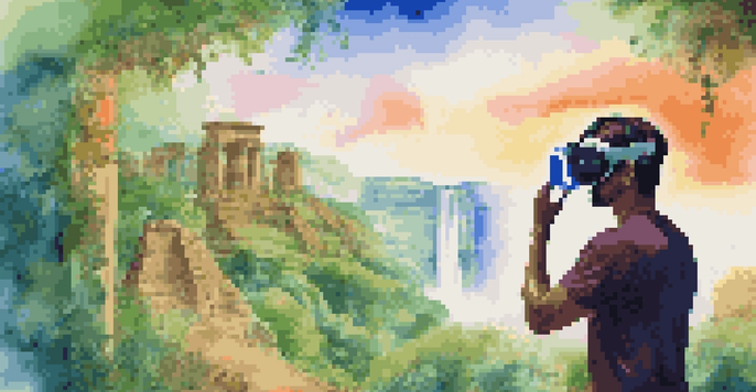 A traveler wearing a virtual reality headset, exploring a digital version of a famous landmark in a lush green setting.