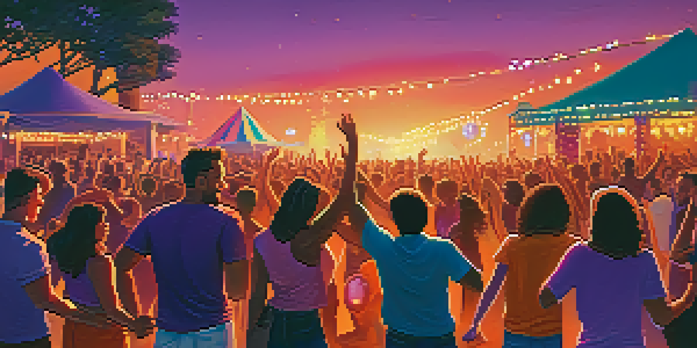 A lively music festival with a diverse crowd, friends dancing and colorful lights illuminating the stage at sunset.