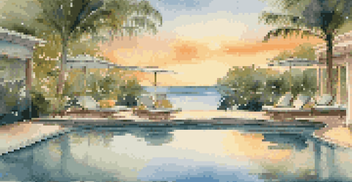 A peaceful luxury hotel pool at sunset with cocktails on a table, surrounded by tropical plants.