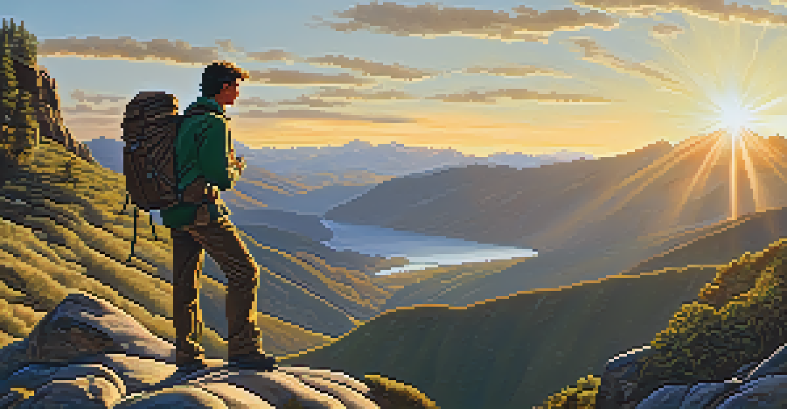 A hiker with a camera bag overlooking a mountain landscape at sunset, capturing the moment.
