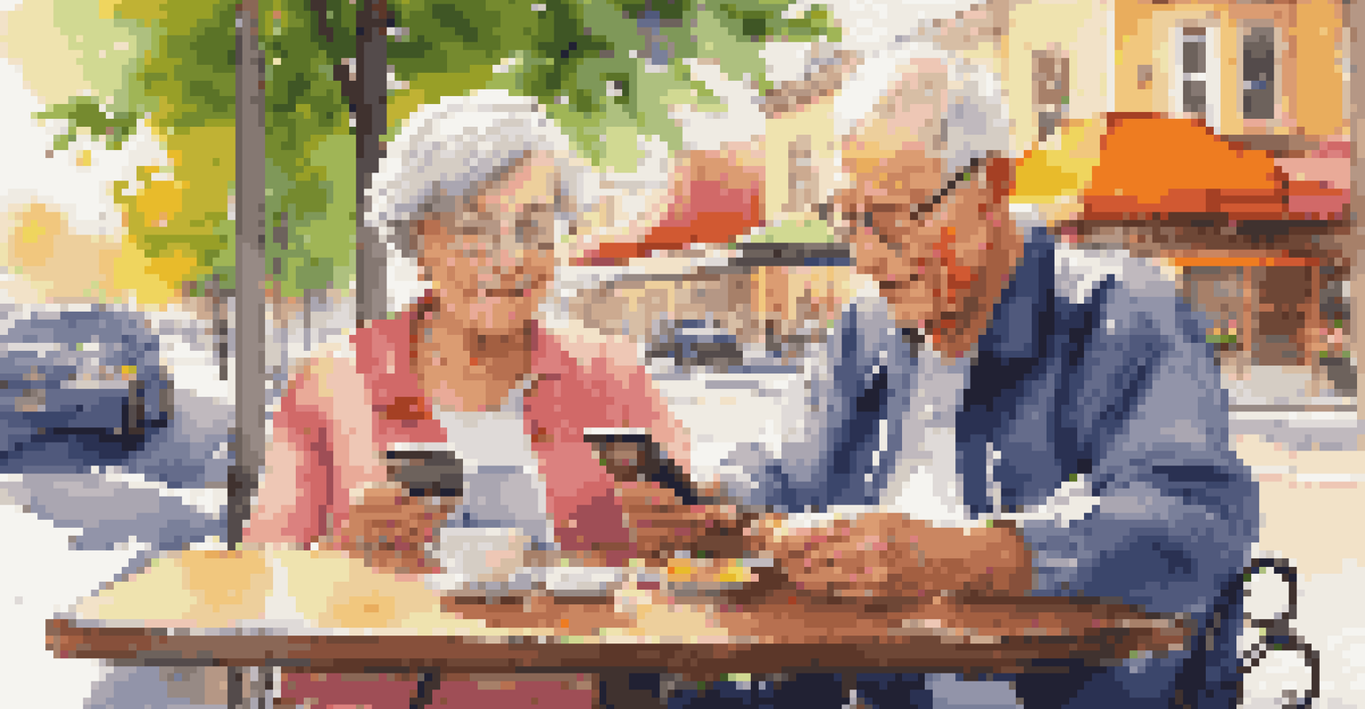 A senior couple at a café table outdoors, looking at a medication schedule on a smartphone with a medication organizer beside them.