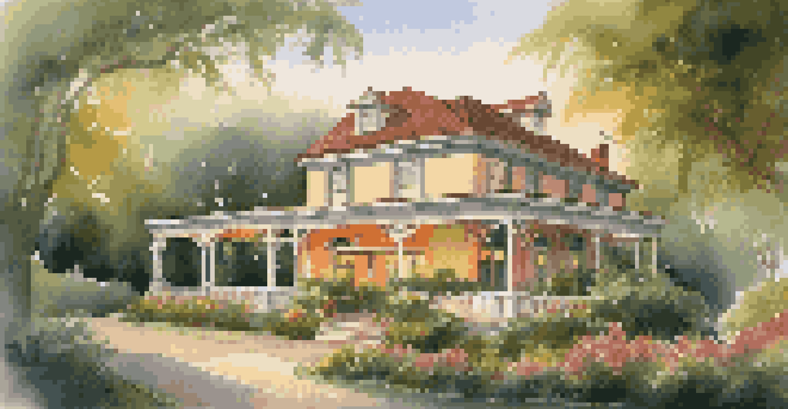 A charming boutique inn nestled in greenery with colorful flowers and a warm sunset glow.