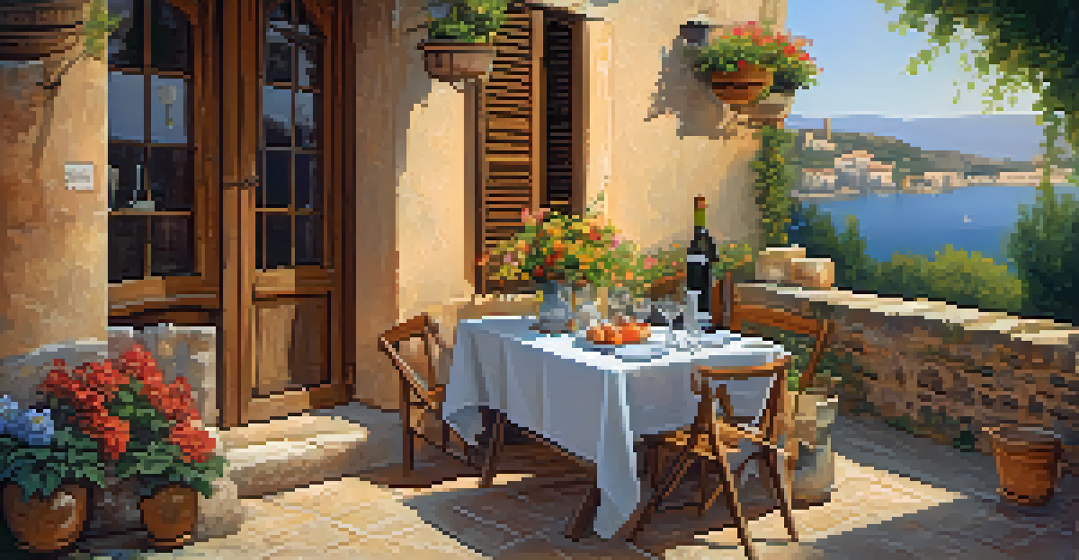 An outdoor dining area in a Mediterranean village with a beautifully set table and blooming flowers.
