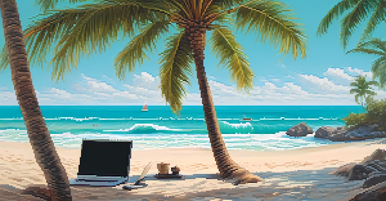 A professional working on a laptop at a beach under a palm tree.