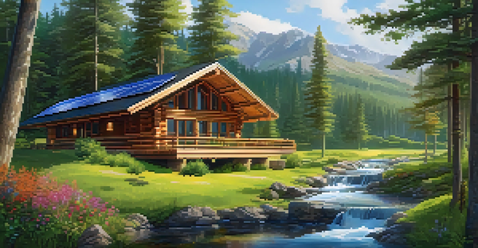 An eco-friendly lodge surrounded by a lush green forest with solar panels on the roof and a small stream nearby.