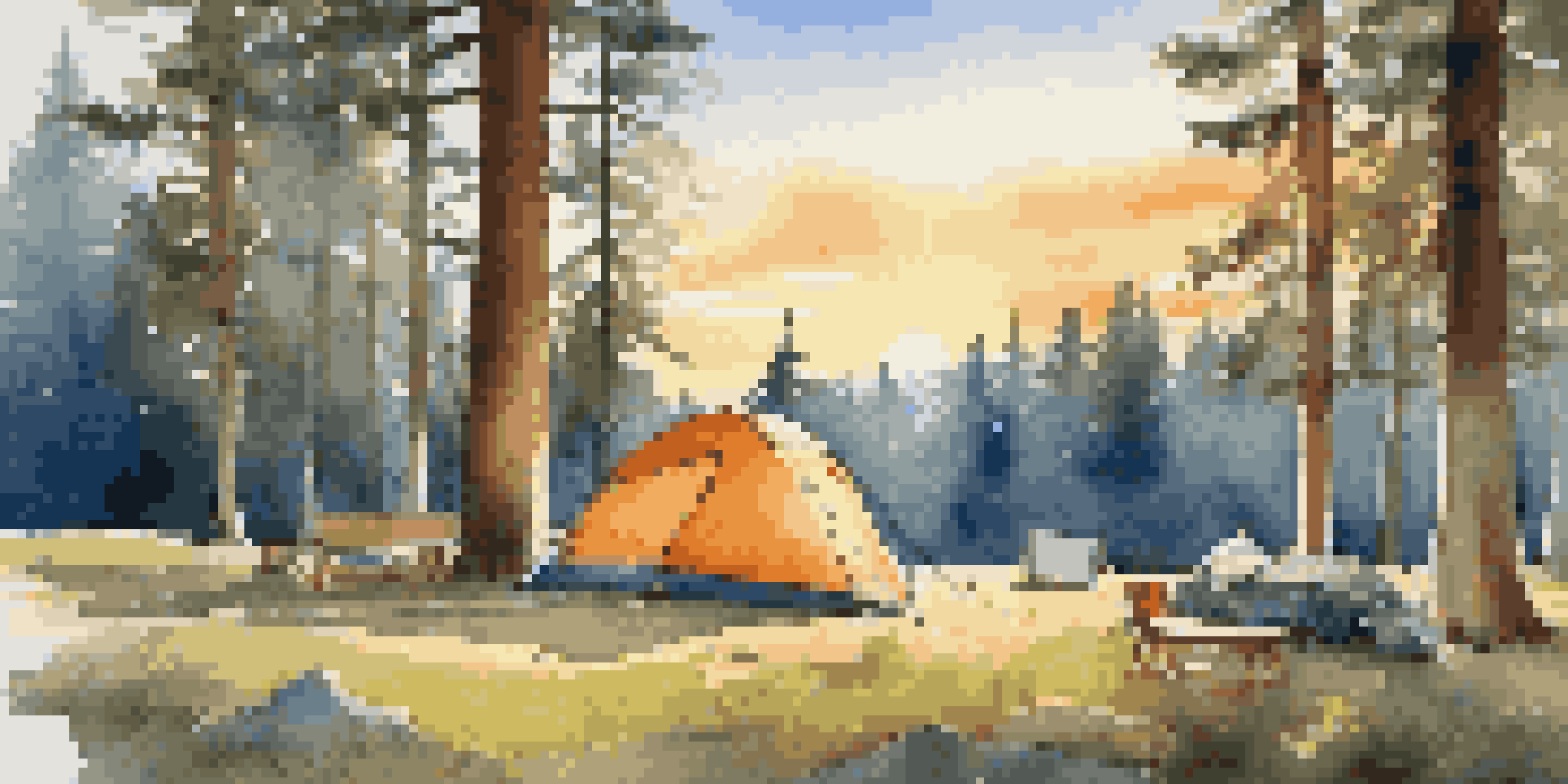 A colorful tent set up in a grassy campsite facing the sunrise, surrounded by trees and camping gear laid out on a tarp.