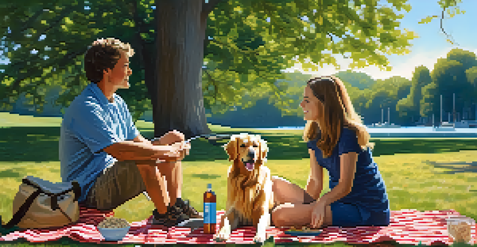 A pet owner enjoying a break with a golden retriever in a park, surrounded by nature.