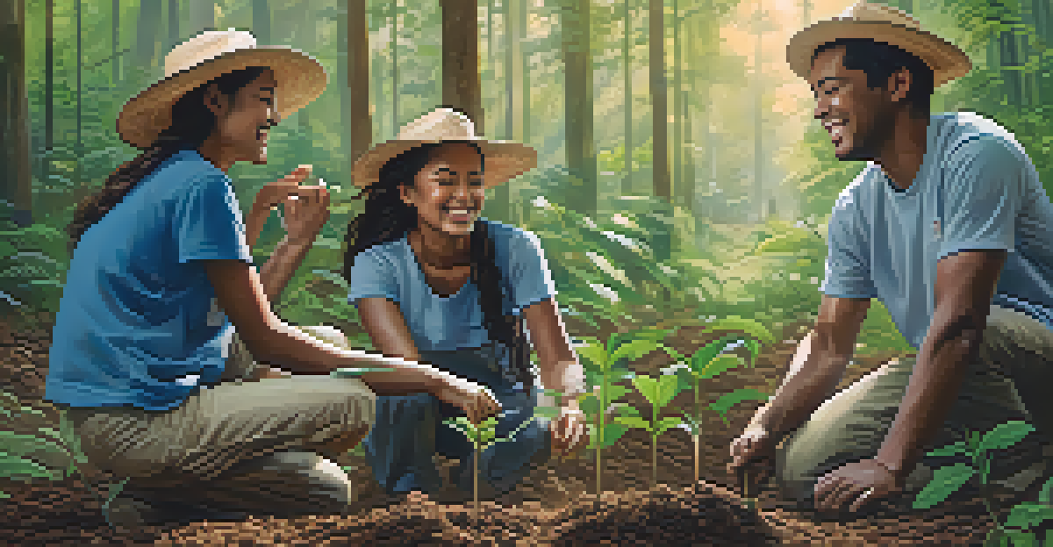 Two volunteers laughing while planting trees in a forest, surrounded by greenery and sunlight.