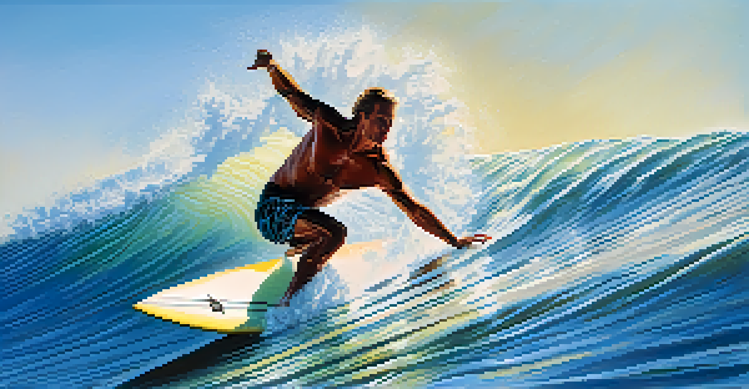 An experienced surfer riding a wave on a shortboard, surrounded by splashes of water under a clear blue sky.