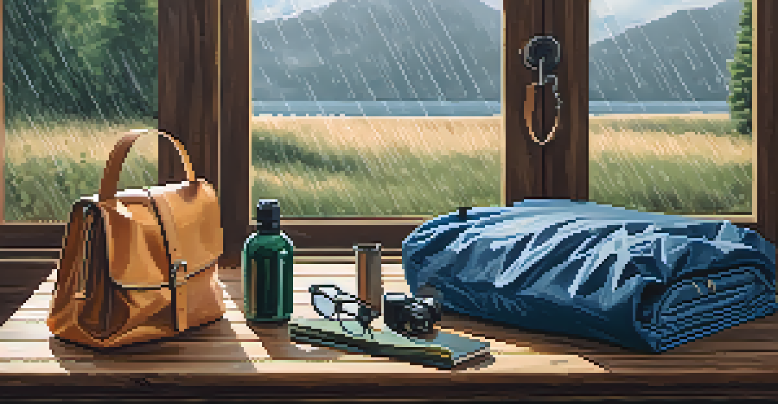 Travel gear including a packable rain jacket, collapsible umbrella, and waterproof bag laid on a wooden table, with rain visible through a window.