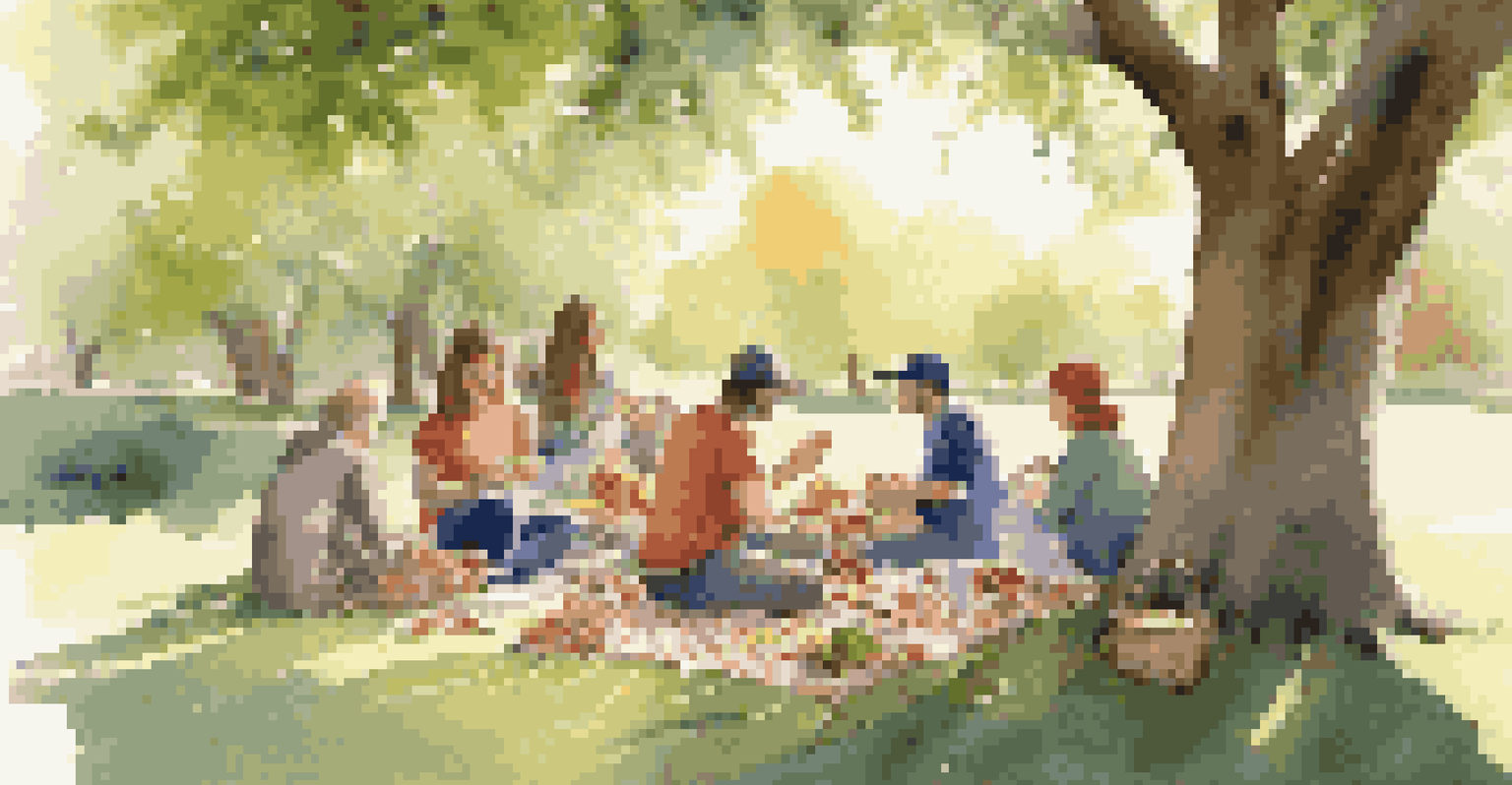 A volunteer team relaxing on a grassy area, sharing healthy snacks under a tree, with sunlight filtering through the leaves.
