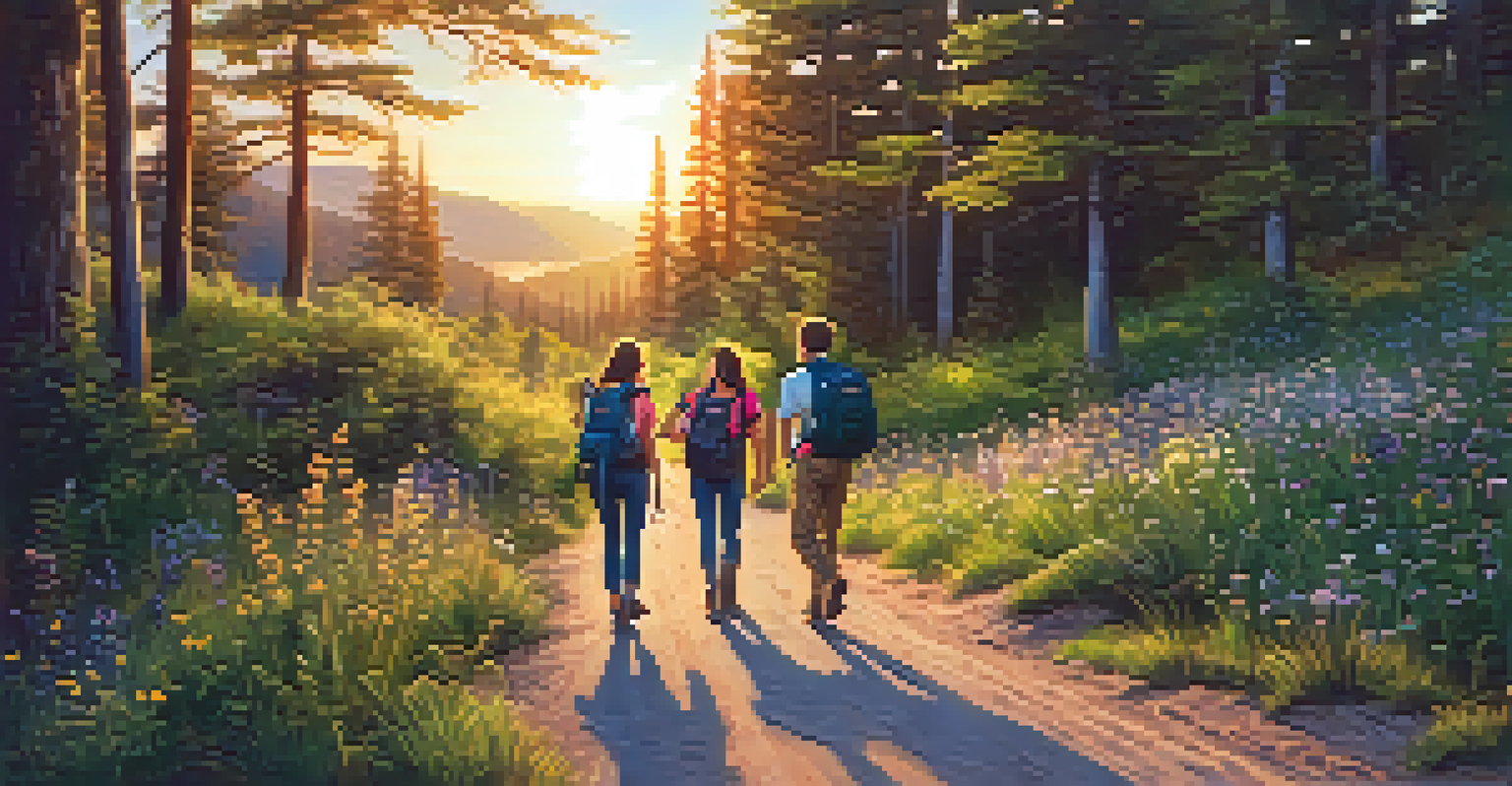 A group of friends hiking on a scenic trail with green foliage and a sunset in the background.