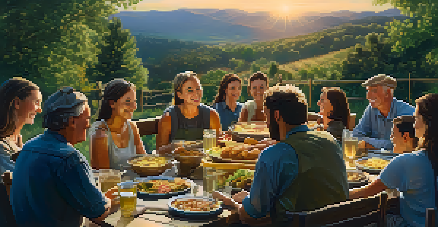 Volunteers gathered around a table sharing a meal in a rustic outdoor setting during golden hour light.