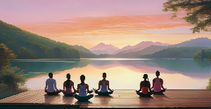 A group of individuals doing yoga at sunrise on a deck by a lake, with mountains in the background.