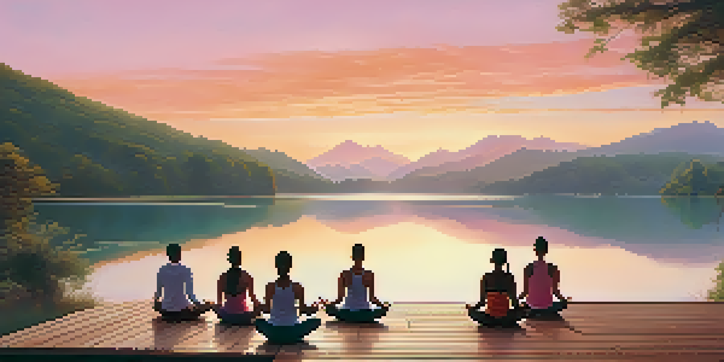 A group of individuals doing yoga at sunrise on a deck by a lake, with mountains in the background.
