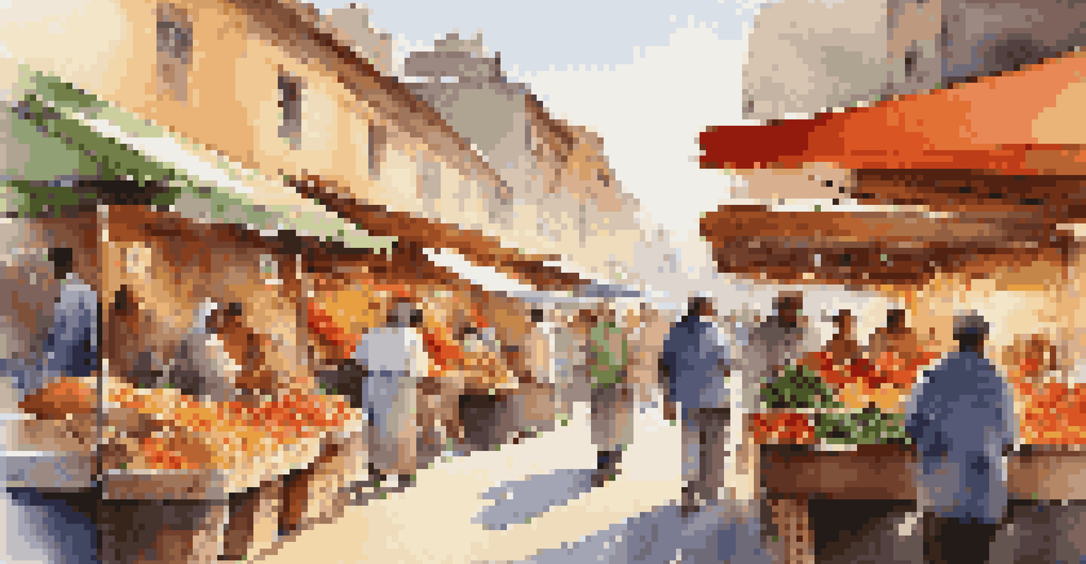 A lively local market showcasing fresh produce and street food, filled with people.