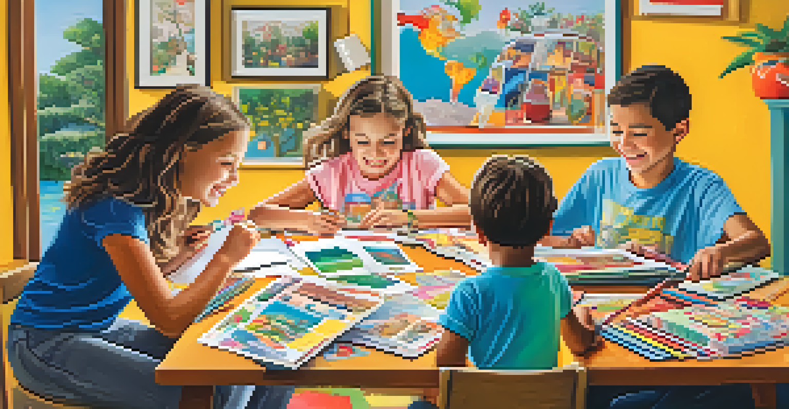 A family joyfully creating a scrapbook at a table filled with photos and craft supplies, showcasing creativity and togetherness.