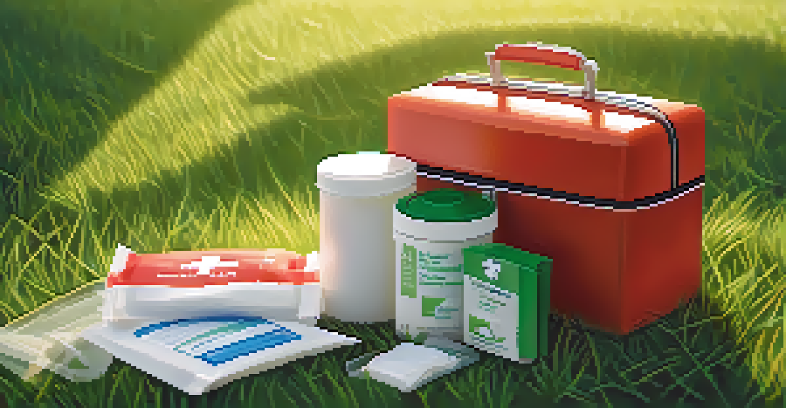 A close-up view of a first aid kit on grass, displaying various medical supplies like bandages and wipes.
