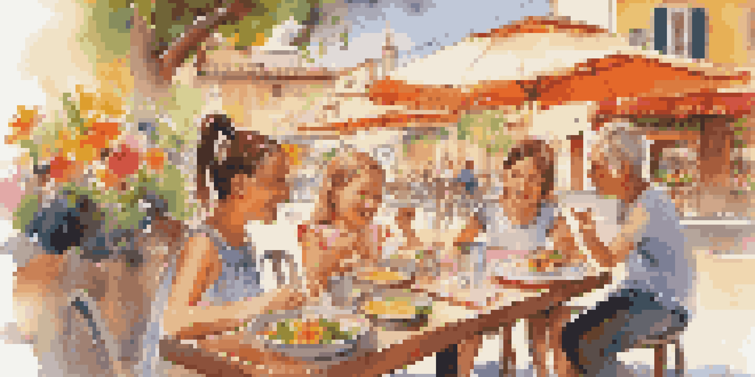 A family enjoying a meal at a Spanish café, with children looking at a menu and pointing excitedly.