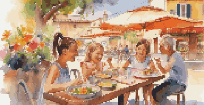 A family enjoying a meal at a Spanish café, with children looking at a menu and pointing excitedly.