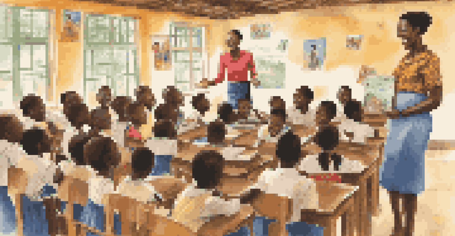 A cheerful classroom in Ghana with a volunteer teacher and smiling children, surrounded by colorful educational materials.