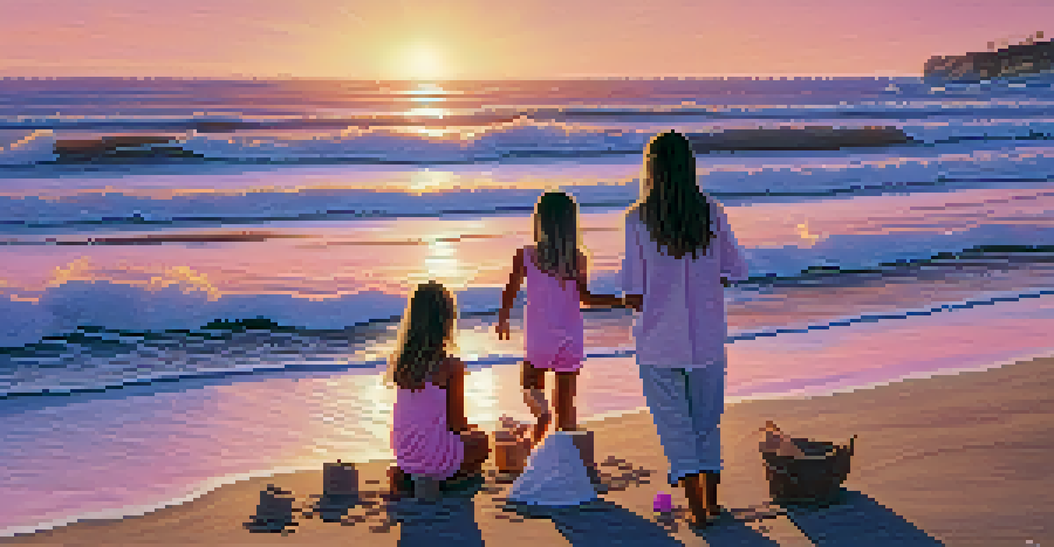 A family building sandcastles on a San Diego beach during sunset, with soft colors in the sky and reflections in the water.
