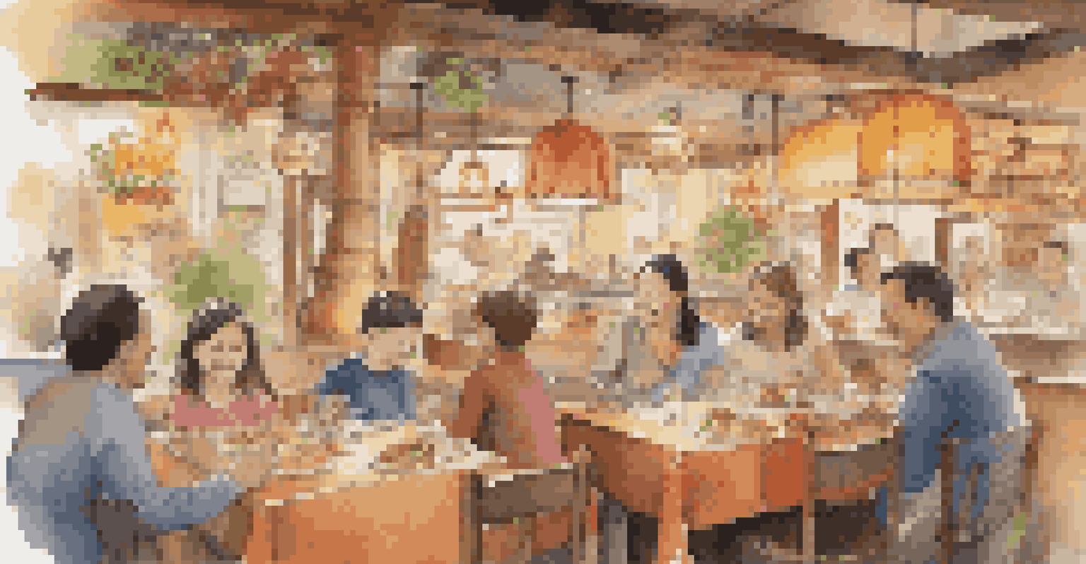 A family enjoying a meal at a cozy family-owned restaurant, with local art on the walls and children excitedly looking at the menu.