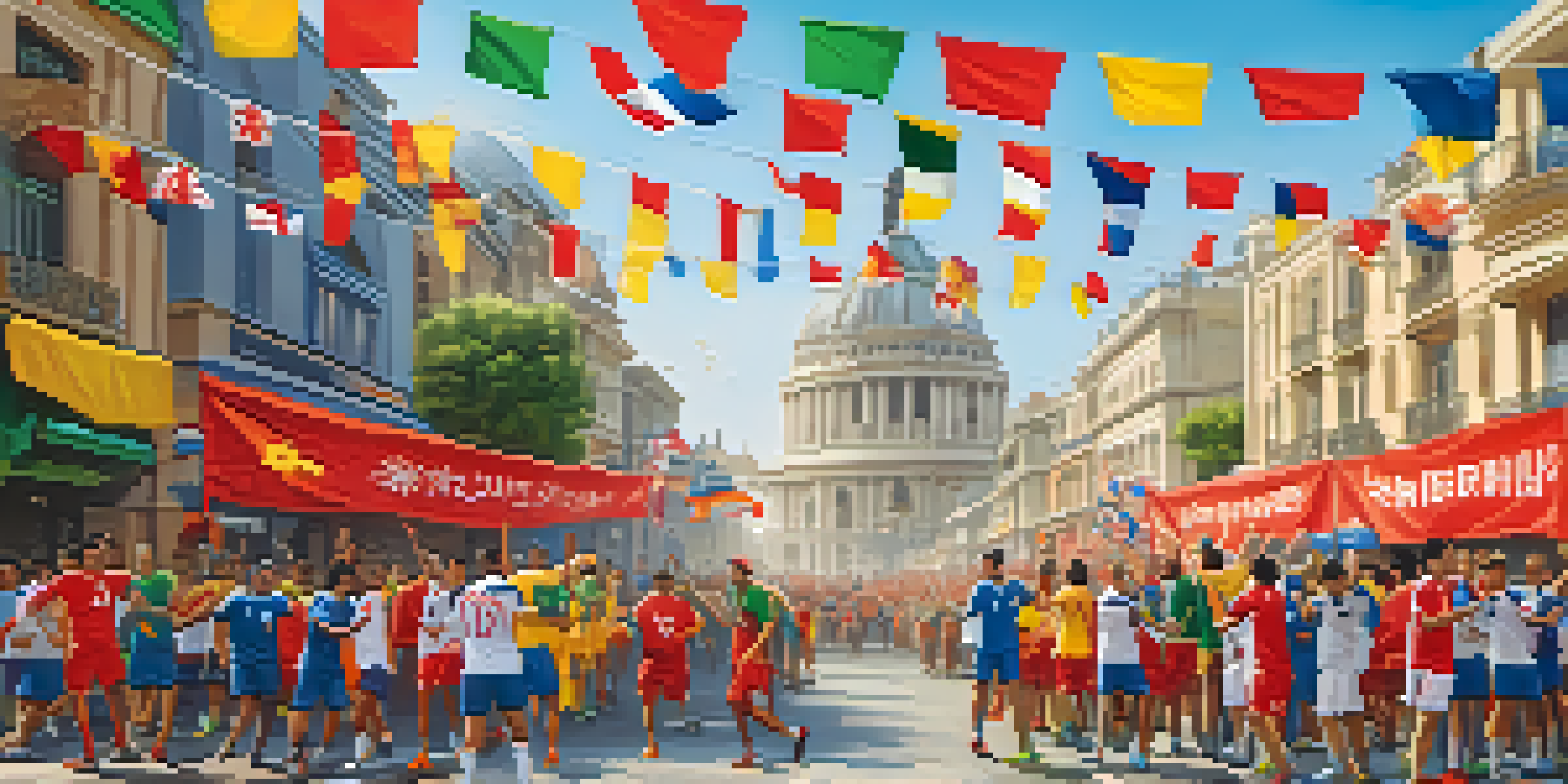 A lively street filled with diverse soccer fans celebrating the World Cup, wearing colorful jerseys and waving flags in front of iconic city landmarks.