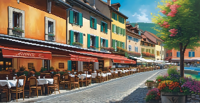 A cozy café in Annecy, France, surrounded by alpine lakes and blooming flowers.