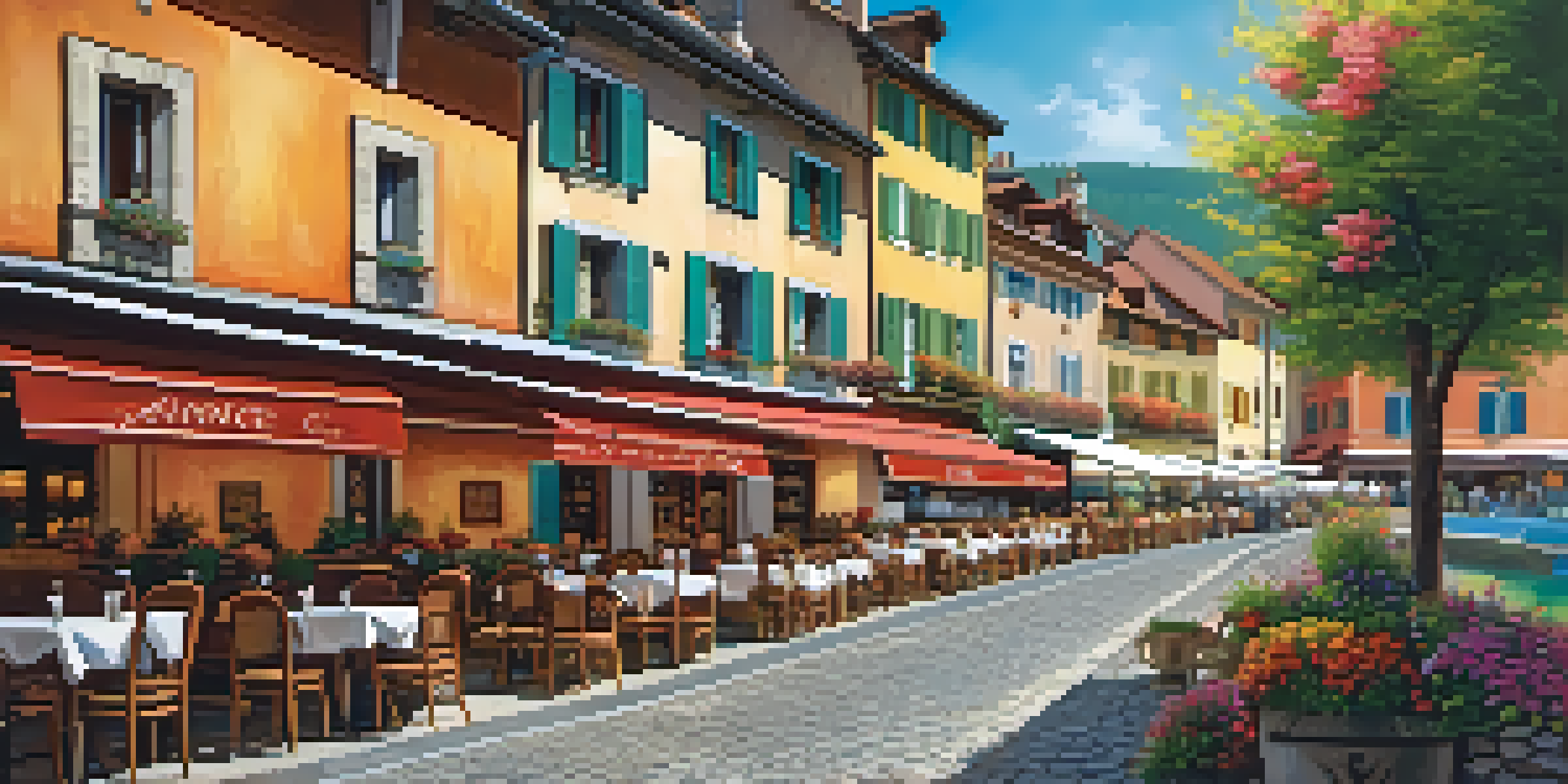 A cozy café in Annecy, France, surrounded by alpine lakes and blooming flowers.