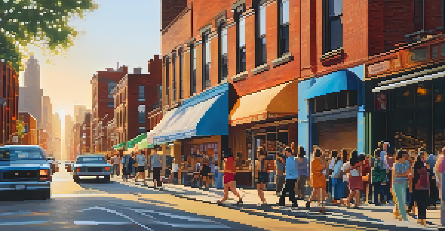A lively Brooklyn street scene in New York City with colorful street art and people walking, against a backdrop of the skyline during golden hour.