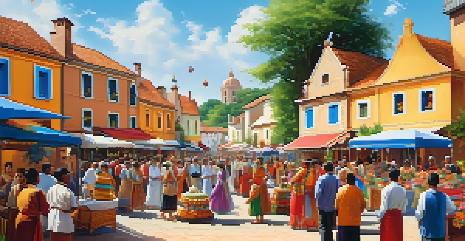 A lively local festival with colorful decorations and stalls, featuring people enjoying traditional music and dance in a charming village.